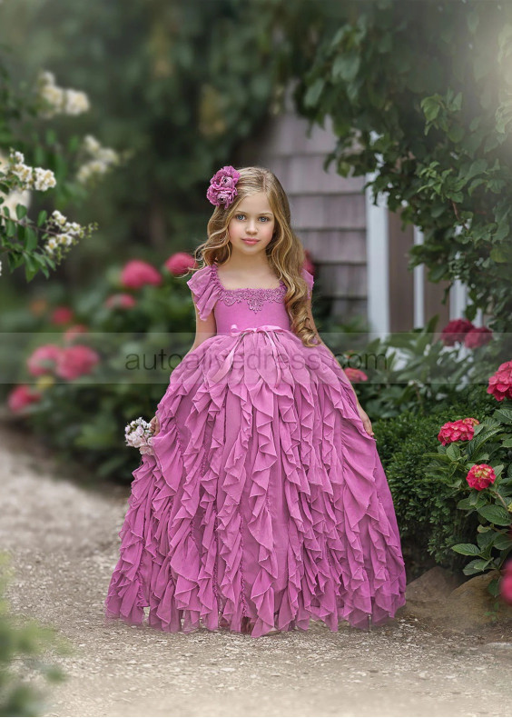 Raspberry Lace Wrinkled Chiffon Ruffled Flower Girl Dress